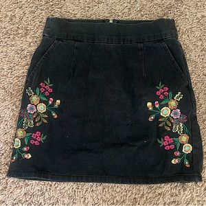 Topshop Black Denim Floral Embroidered Mini Skirt